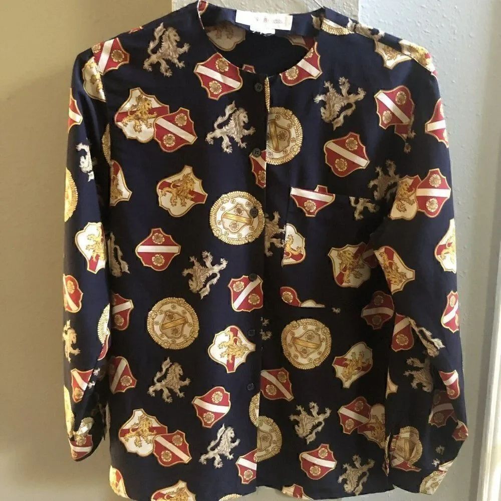 VTG Jones New York Lion Crest Emblem Size 8 Blouse Pristine Blue Navy